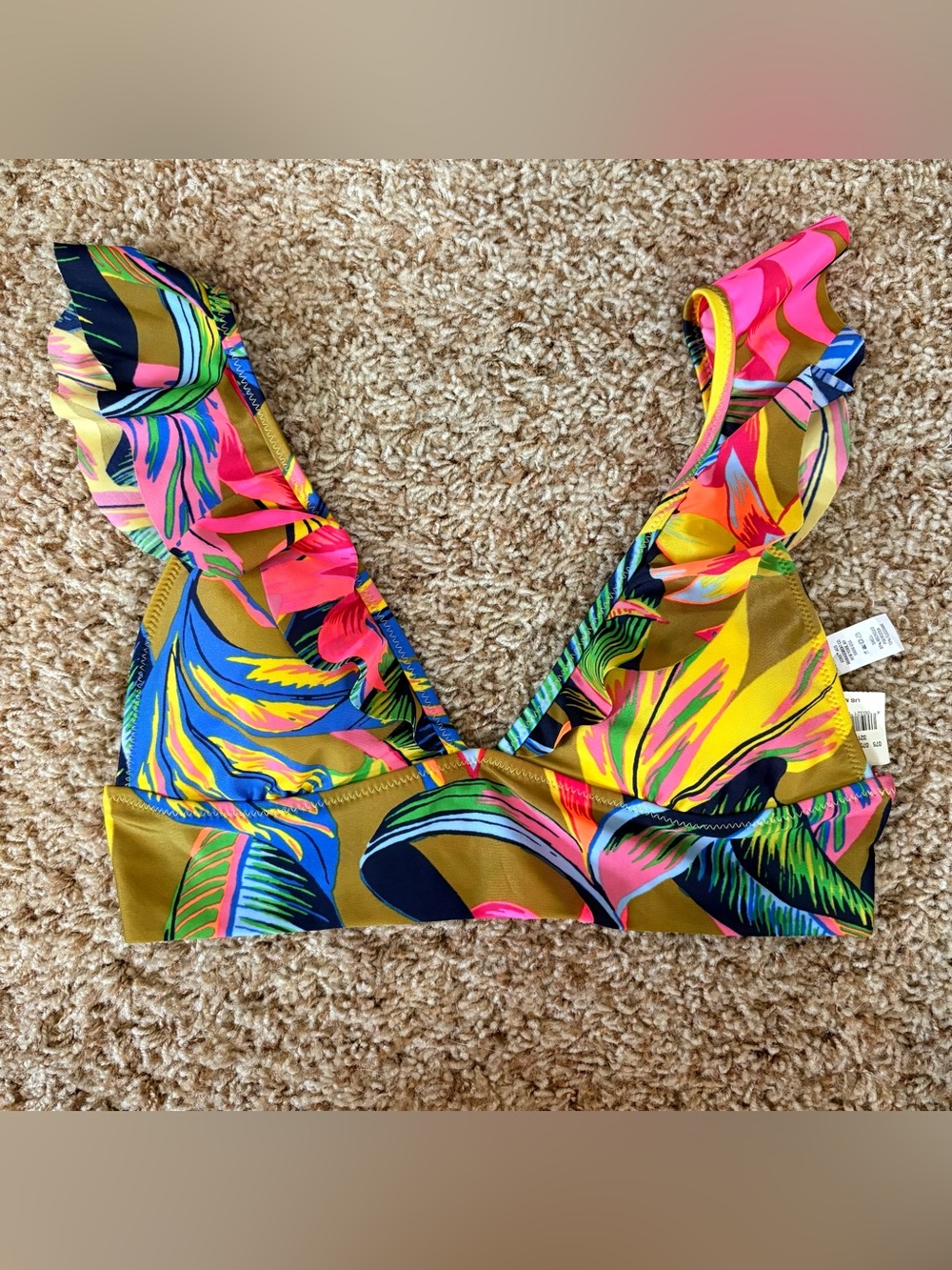 NWT aerie women’s medium triangle tropical print colorful ruffle bikini top
